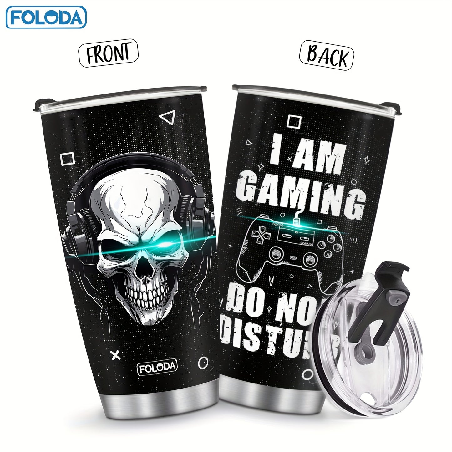 Foloda 1pc Skull Gamepad Gamer Gifts, Gaming Gifts, Gamer Gift Ideas, Christmas Birthday Gifts for Gamers, Cool Gamer Gifts for Men Teen Boys Girls Boyfriend, Game Cups, Gifts for Game Lovers Stainless Steel Tumbler with Lid