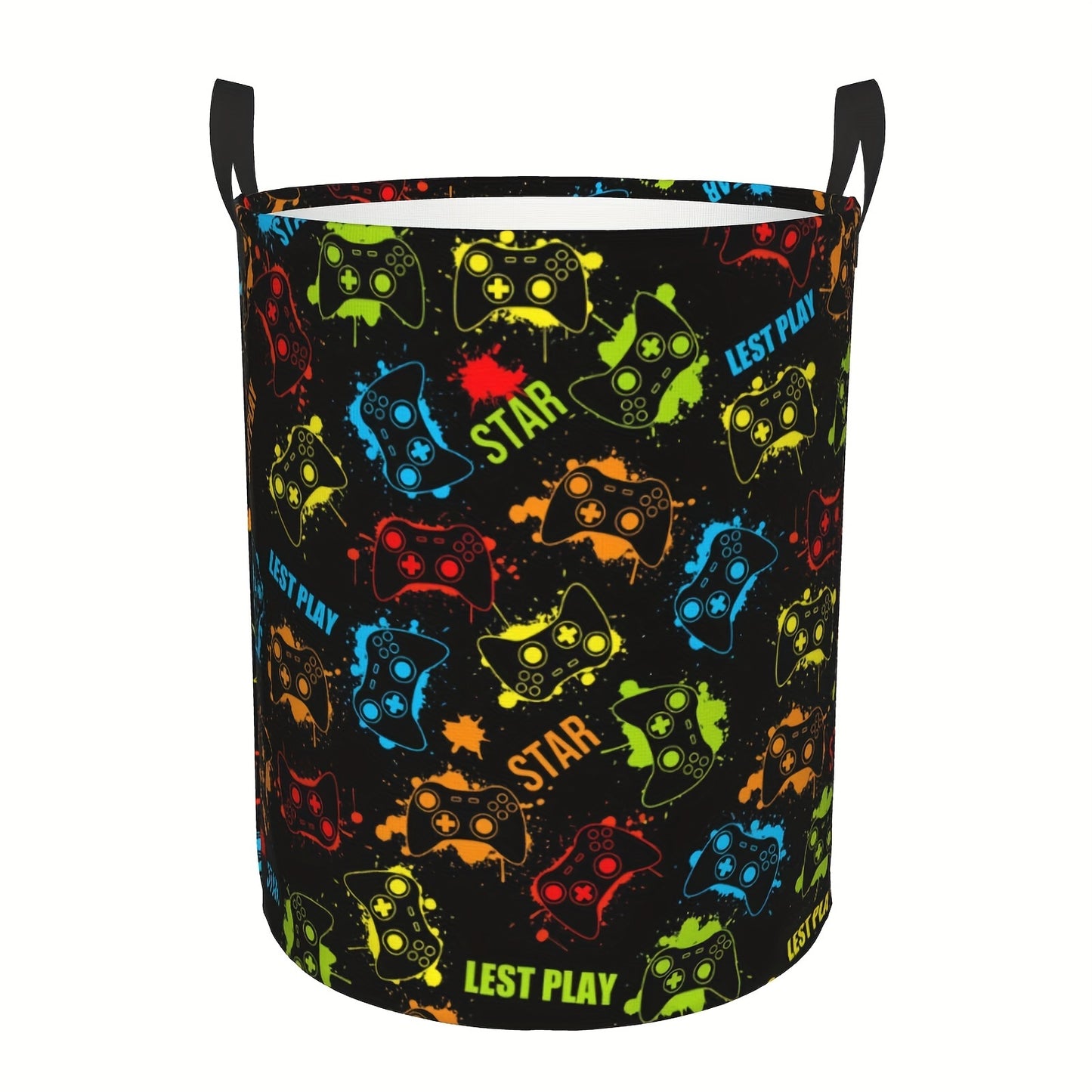 Gamer Laundry Basket with Handles - Casual Polyester Round Gamepad Storage Hamper for Bedroom, Gaming Room Decor, Dirty Clothes Organizer
