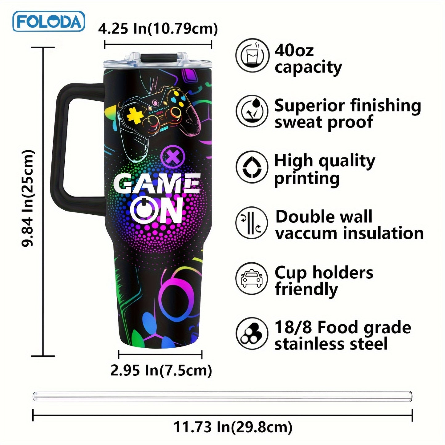 Foloda 40oz Stainless Steel Gaming Tumbler - Perfect Gamer Gift for Men & Boys, Includes Handle, Lid & Straw - Ideal for Outdoor Camping, Travel, Birthday & Christmas