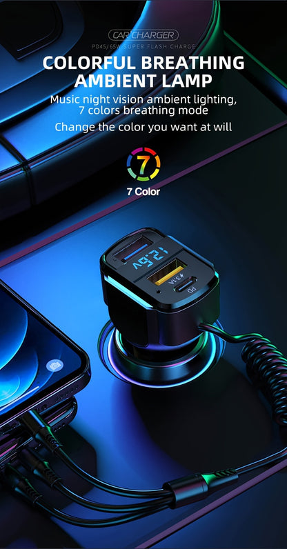 65W 3-port USB PD Fast Car Charger (K4) QC3.1 Type C 3-in-1 Car Charger 2 USB Charging Ports + 1 Type C Fast Charging Micro Usb Type C