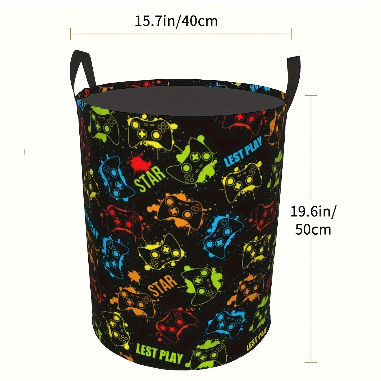 Gamer Laundry Basket with Handles - Casual Polyester Round Gamepad Storage Hamper for Bedroom, Gaming Room Decor, Dirty Clothes Organizer