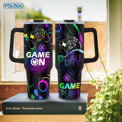 Foloda 40oz Stainless Steel Gaming Tumbler - Perfect Gamer Gift for Men & Boys, Includes Handle, Lid & Straw - Ideal for Outdoor Camping, Travel, Birthday & Christmas