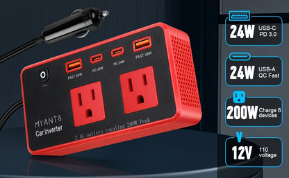 200W Car Power Inverter with 4 USB Ports, Fast Charger 12V DC to AC Converter, Type-C & QC 3.0 for Road Trips and Camping, No Battery Required, Red & Black Design, Car Charger Adapter