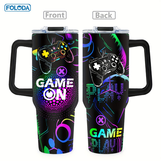 Foloda 40oz Stainless Steel Gaming Tumbler - Perfect Gamer Gift for Men & Boys, Includes Handle, Lid & Straw - Ideal for Outdoor Camping, Travel, Birthday & Christmas