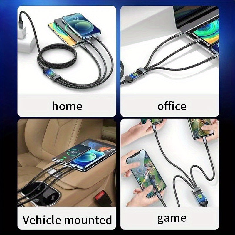 Retractable 4in 1 Fast Charging Car Charging Cable with 2pcs 3in 1 100W LED Digital Display USB cable, 4 Ports Car Charger Adapter for iPhone 15/14/13/12/11 for Galaxy Pixel and All iOS and for Android Devices - Safe and Reli