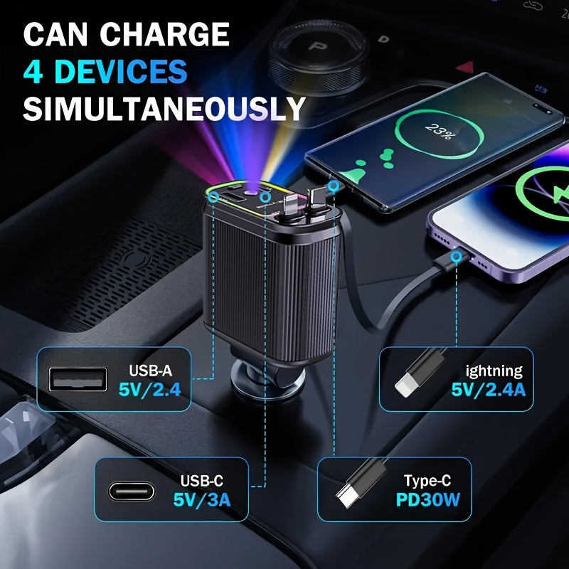 [Dual 80cm Long Retractable Car Charger] Starry Sky Top Fast Car Charger(Black) - Purple Light, 4-in-1 Retractable Charger, Dual 80cm/31 Inch Long Retractable Cable Car Charger, Car Plug Adapter with RGB Light Effect, 2 USB P
