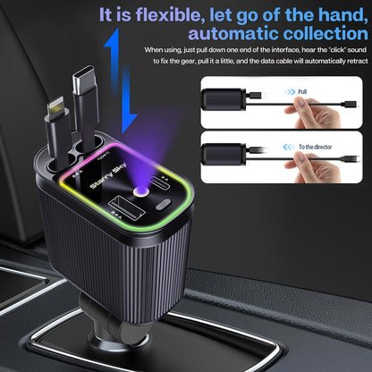 [Dual 80cm Long Retractable Car Charger] Starry Sky Top Fast Car Charger(Black) - Purple Light, 4-in-1 Retractable Charger, Dual 80cm/31 Inch Long Retractable Cable Car Charger, Car Plug Adapter with RGB Light Effect, 2 USB P