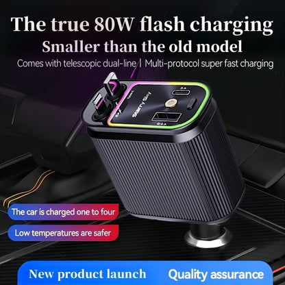 [Dual 80cm Long Retractable Car Charger] Starry Sky Top Fast Car Charger(Black) - Purple Light, 4-in-1 Retractable Charger, Dual 80cm/31 Inch Long Retractable Cable Car Charger, Car Plug Adapter with RGB Light Effect, 2 USB P