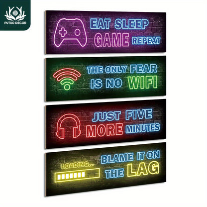 4pcs Putuo Decor Printed Neon Gaming Wooden Sign, Teen Boys Room Decorations, Gamer Wall Art Decor For Bedroom Wooden