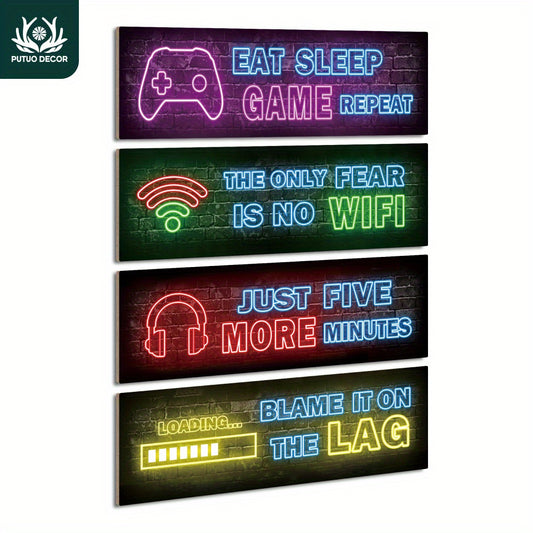 4pcs Putuo Decor Printed Neon Gaming Wooden Sign, Teen Boys Room Decorations, Gamer Wall Art Decor For Bedroom Wooden