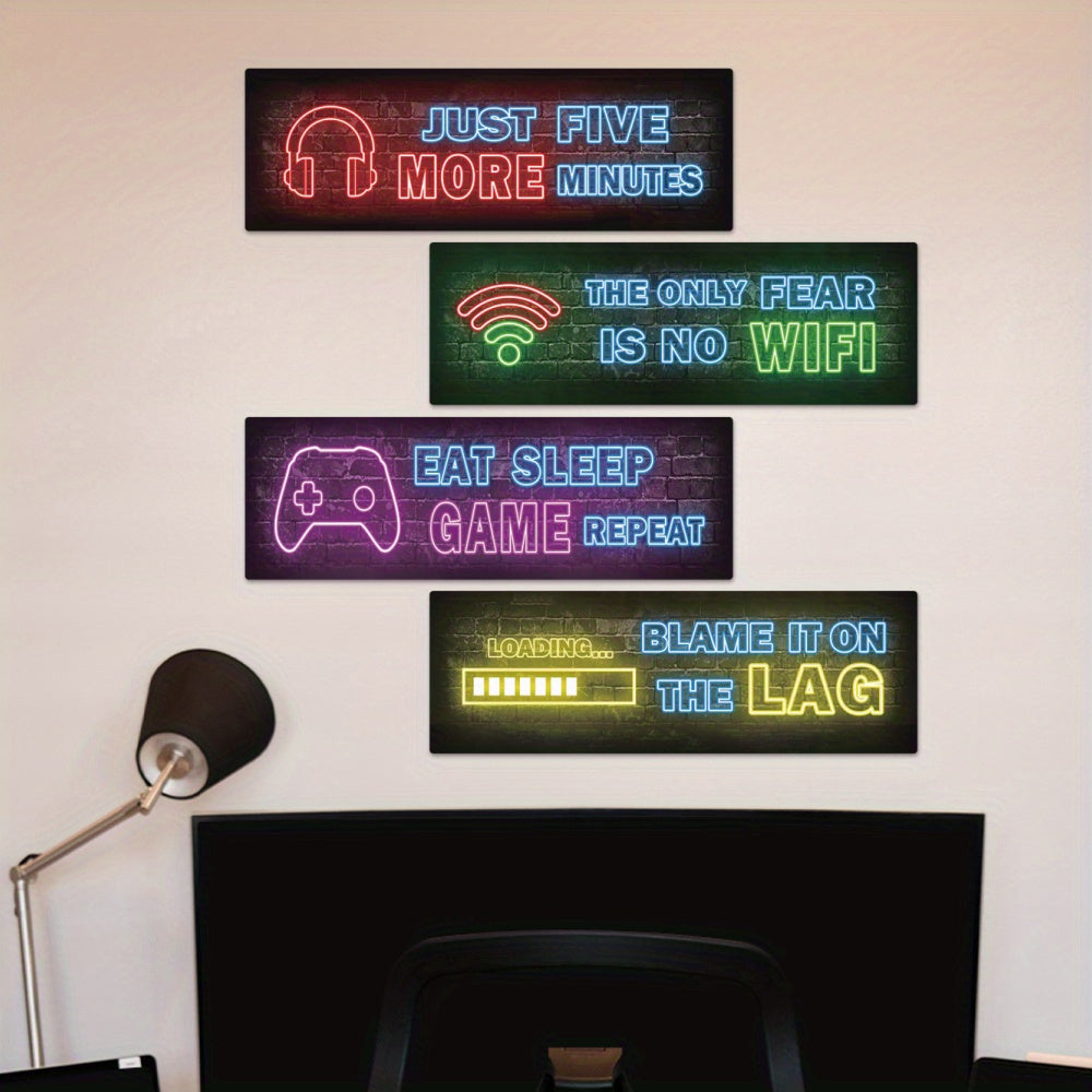4pcs Putuo Decor Printed Neon Gaming Wooden Sign, Teen Boys Room Decorations, Gamer Wall Art Decor For Bedroom Wooden