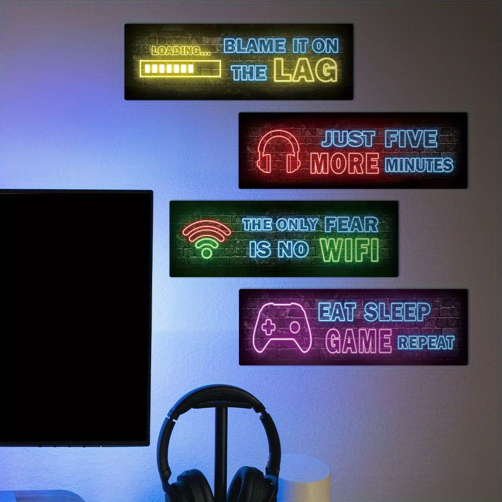 4pcs Putuo Decor Printed Neon Gaming Wooden Sign, Teen Boys Room Decorations, Gamer Wall Art Decor For Bedroom Wooden