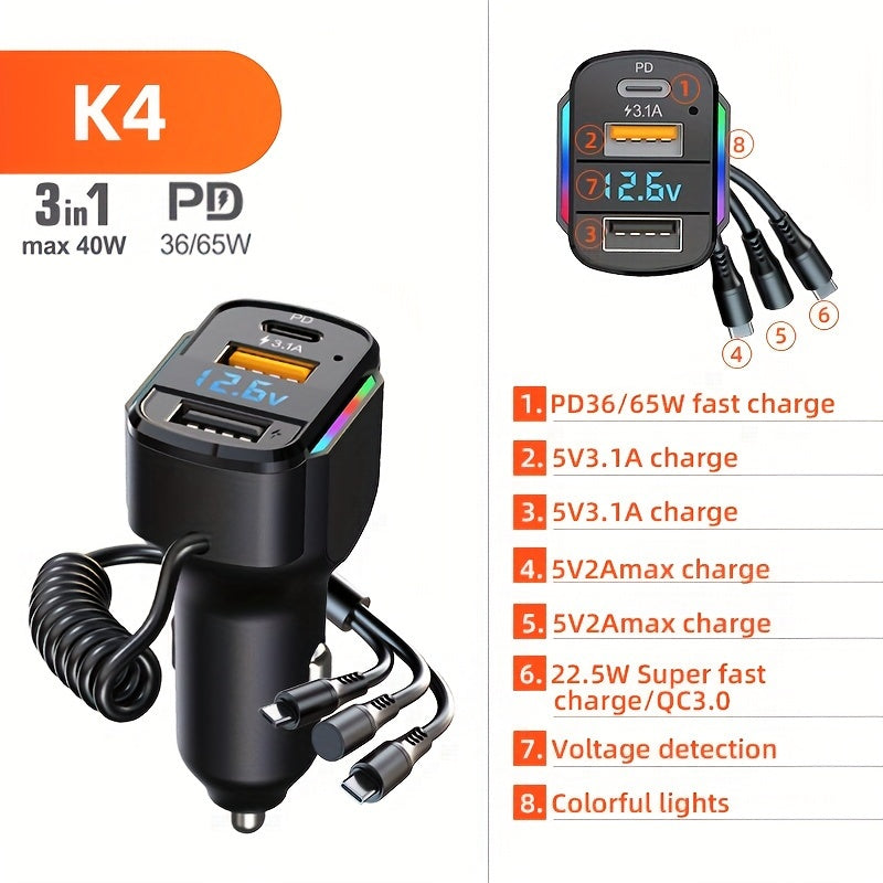 65W 3-port USB PD Fast Car Charger (K4) QC3.1 Type C 3-in-1 Car Charger 2 USB Charging Ports + 1 Type C Fast Charging Micro Usb Type C