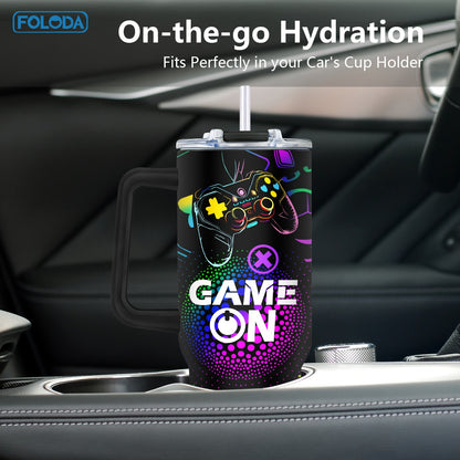 Foloda 40oz Stainless Steel Gaming Tumbler - Perfect Gamer Gift for Men & Boys, Includes Handle, Lid & Straw - Ideal for Outdoor Camping, Travel, Birthday & Christmas
