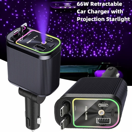[Dual 80cm Long Retractable Car Charger] Starry Sky Top Fast Car Charger(Black) - Purple Light, 4-in-1 Retractable Charger, Dual 80cm/31 Inch Long Retractable Cable Car Charger, Car Plug Adapter with RGB Light Effect, 2 USB P