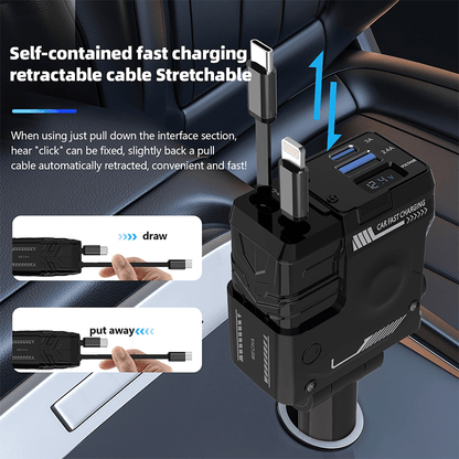 Retractable 4in 1 Fast Charging Car Charging Cable with 2pcs 3in 1 100W LED Digital Display USB cable, 4 Ports Car Charger Adapter for iPhone 15/14/13/12/11 for Galaxy Pixel and All iOS and for Android Devices - Safe and Reli
