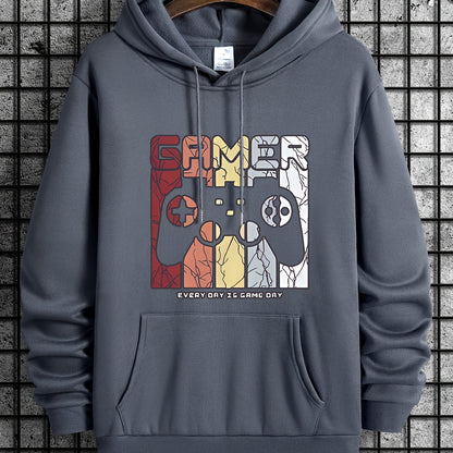 [Retro Gamer Hoodie] Cozy Brown Men's Retro Gamer Hoodie - Long Sleeve Sweatshirt with Drawstring Hood, Video Game Print, Fall/Winter Casual Wear