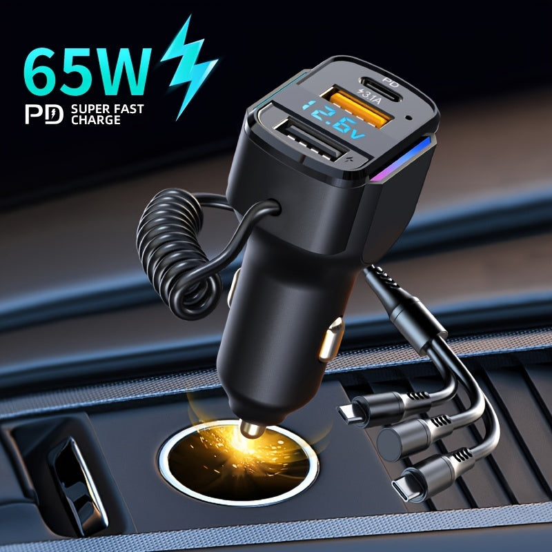 65W 3-port USB PD Fast Car Charger (K4) QC3.1 Type C 3-in-1 Car Charger 2 USB Charging Ports + 1 Type C Fast Charging Micro Usb Type C