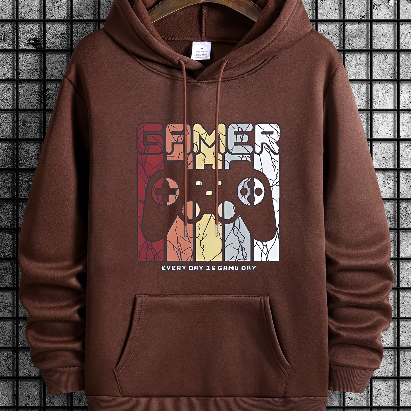 [Retro Gamer Hoodie] Cozy Brown Men's Retro Gamer Hoodie - Long Sleeve Sweatshirt with Drawstring Hood, Video Game Print, Fall/Winter Casual Wear