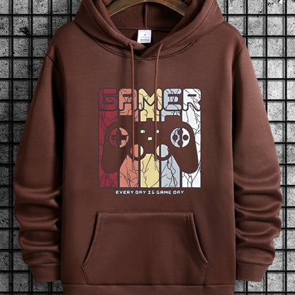 [Retro Gamer Hoodie] Cozy Brown Men's Retro Gamer Hoodie - Long Sleeve Sweatshirt with Drawstring Hood, Video Game Print, Fall/Winter Casual Wear
