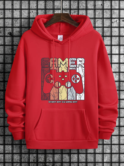 [Retro Gamer Hoodie] Cozy Brown Men's Retro Gamer Hoodie - Long Sleeve Sweatshirt with Drawstring Hood, Video Game Print, Fall/Winter Casual Wear