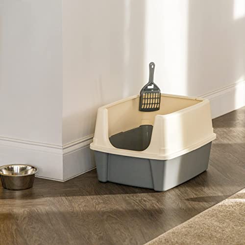 Amazon Basics Large Cat Litter Box with High Sides, Open Top, Includes Scoop, 19 x 15 x 11.75 inches, Grey/Beige