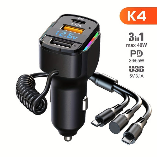 65W 3-port USB PD Fast Car Charger (K4) QC3.1 Type C 3-in-1 Car Charger 2 USB Charging Ports + 1 Type C Fast Charging Micro Usb Type C