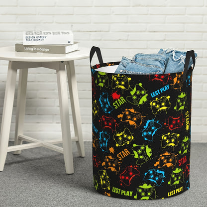 Gamer Laundry Basket with Handles - Casual Polyester Round Gamepad Storage Hamper for Bedroom, Gaming Room Decor, Dirty Clothes Organizer