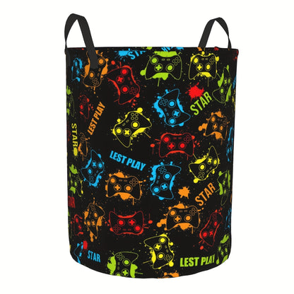 Gamer Laundry Basket with Handles - Casual Polyester Round Gamepad Storage Hamper for Bedroom, Gaming Room Decor, Dirty Clothes Organizer