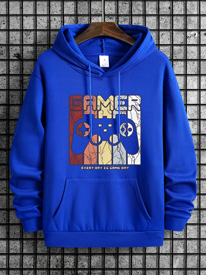[Retro Gamer Hoodie] Cozy Brown Men's Retro Gamer Hoodie - Long Sleeve Sweatshirt with Drawstring Hood, Video Game Print, Fall/Winter Casual Wear