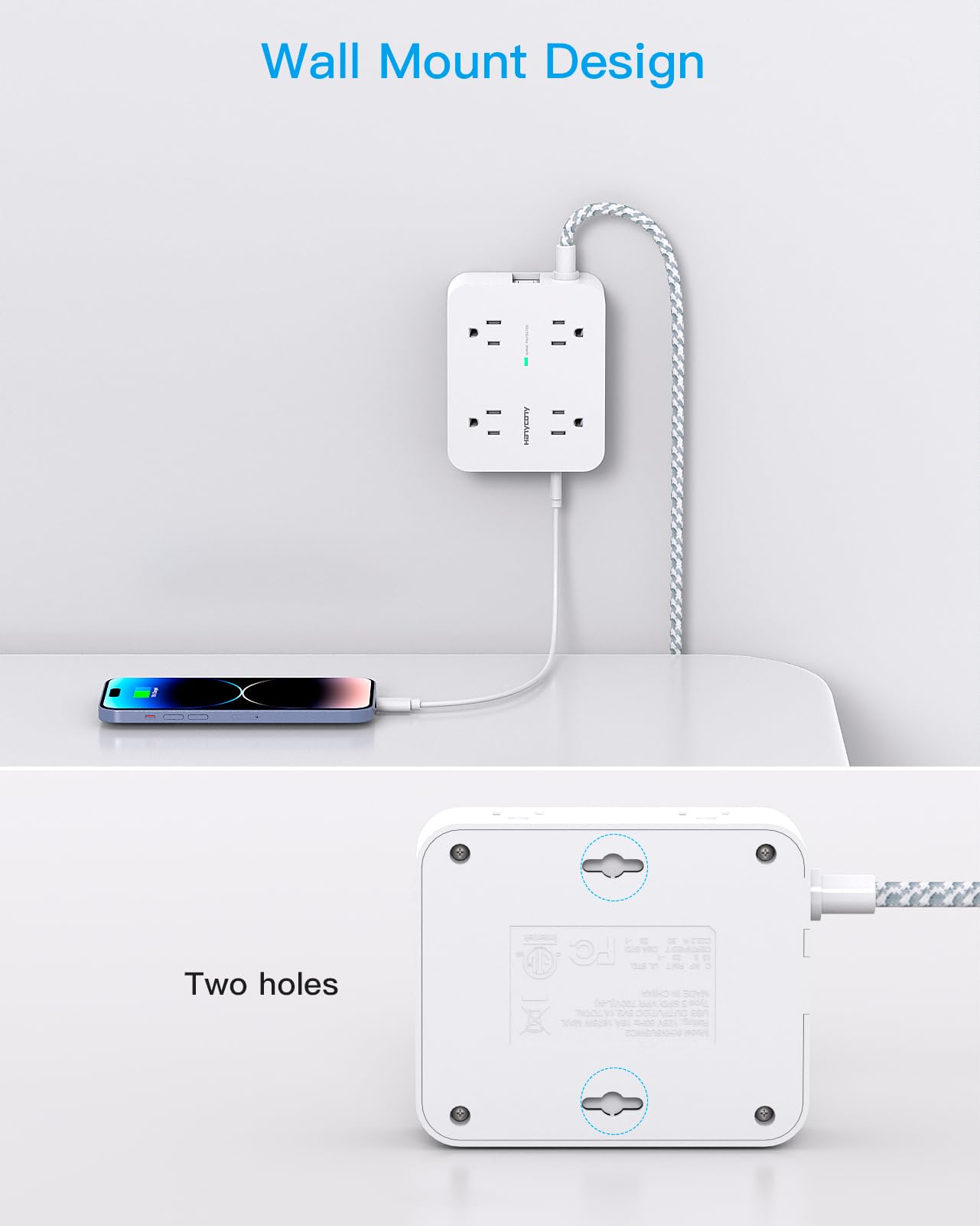 HANYCONY - Tira de alimentación con protector de sobretensiones – HANYCONY 8 tomas, 4 puertos de carga USB (2 USB C), extensor de salida múltiple, cable de extensión trenzado de 5 pies