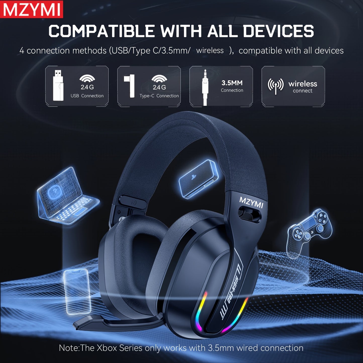 MZYMI GT100 2.4GHz/Wireless Gaming Headset for PlayStation 5 4, Gamer Headphones with Detachable Microphone for PS5, PS4, PC, Switch, Ultra-low Latency, 25 Hours Playtime, Wired Mode for Xbox Series