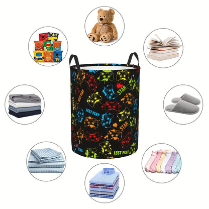 Gamer Laundry Basket with Handles - Casual Polyester Round Gamepad Storage Hamper for Bedroom, Gaming Room Decor, Dirty Clothes Organizer