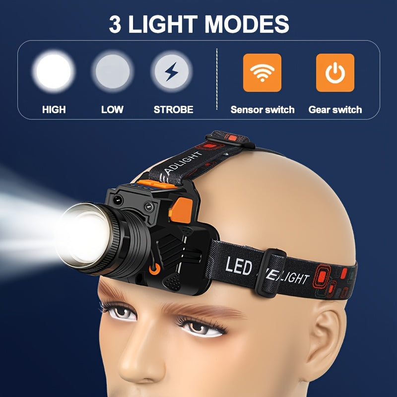 1pc Strong Light Charging Headlight Flashlight, High Lumen LED Headlight XHP160 Bright, 3 Modes Of Headlight Outdoor Fishing, Camping, Running, Hunting, Hiking Variable Focus Headlight Home Decoration Tools, Hardware, Work Su
