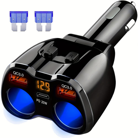 Cigarette Lighter Adapter, 150W 2 Sockets Car Cigarette Lighter Splitter Dual QC3.0 and 20W PD Type C Ports 12/24V Car Charger with ON/Off Switch for iPhone iPad Android Dash Cam