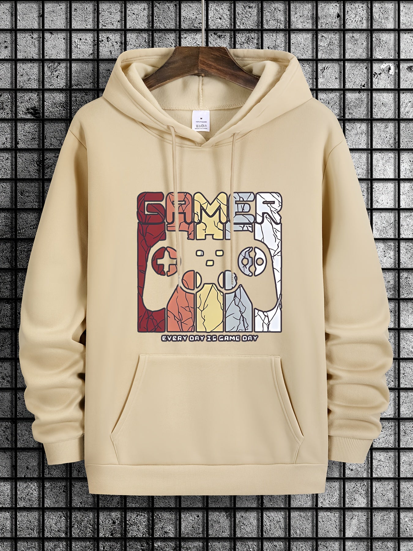 [Retro Gamer Hoodie] Cozy Brown Men's Retro Gamer Hoodie - Long Sleeve Sweatshirt with Drawstring Hood, Video Game Print, Fall/Winter Casual Wear