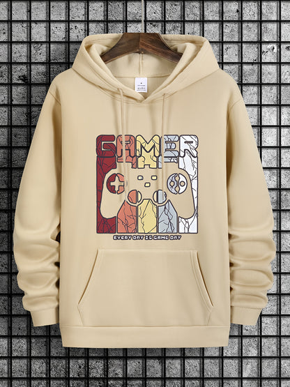 [Retro Gamer Hoodie] Cozy Brown Men's Retro Gamer Hoodie - Long Sleeve Sweatshirt with Drawstring Hood, Video Game Print, Fall/Winter Casual Wear