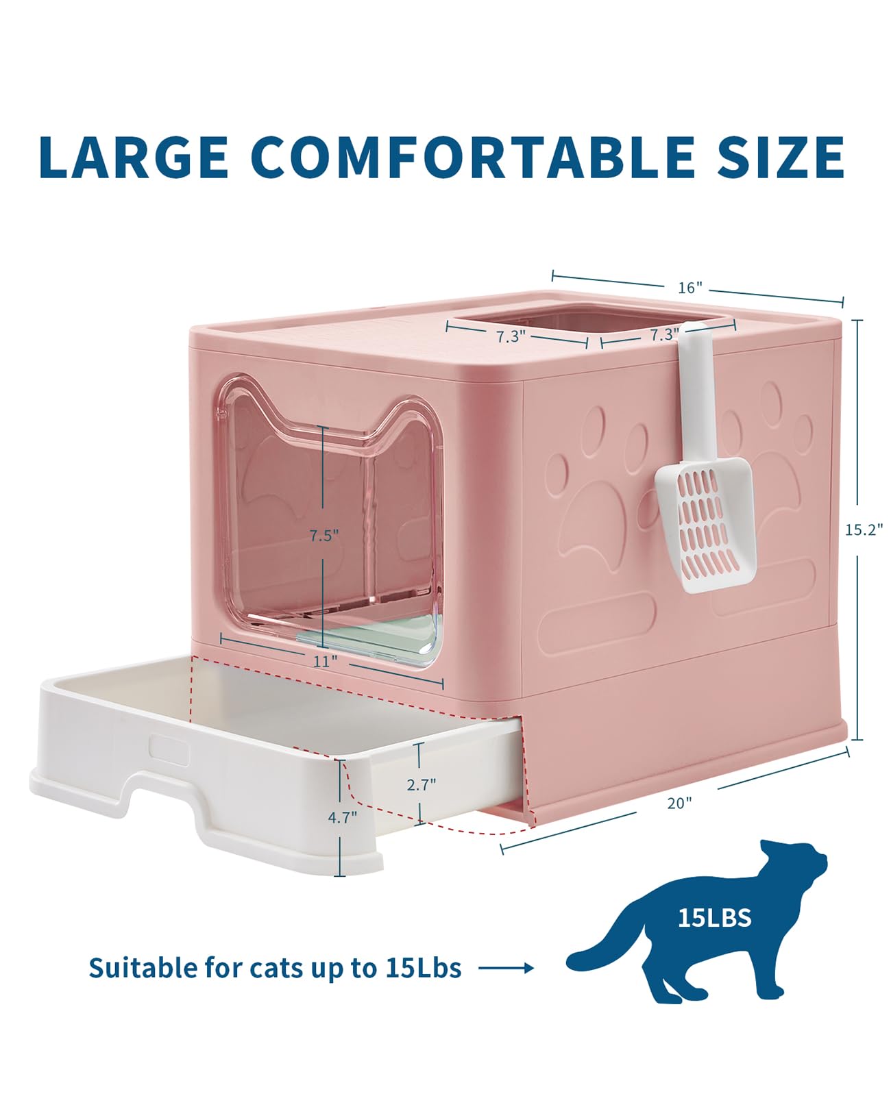 Medario Cat Litter Box with Litter Mat and Scoop, Large Foldable Litter Box with Lid, Front Entry Top Exit Kitty Box, Odor Control, Easy to Clean (Pink)