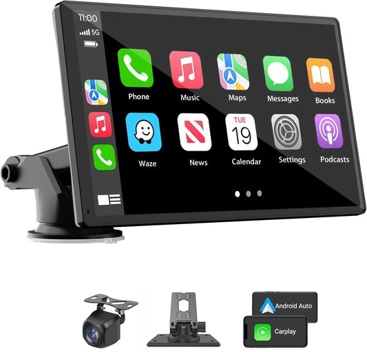 Estéreo inalámbrico portátil Carplay para automóvil, pantalla táctil HD de 7 pulgadas para automóvil con Apple CarPlay y Android Auto con cámara de respaldo/enlace de espejo