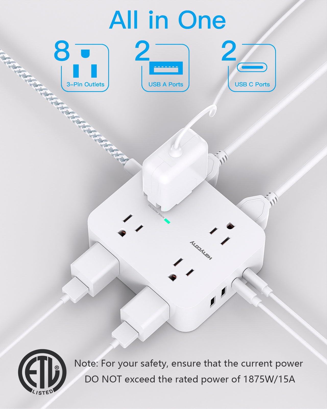 HANYCONY - Tira de alimentación con protector de sobretensiones – HANYCONY 8 tomas, 4 puertos de carga USB (2 USB C), extensor de salida múltiple, cable de extensión trenzado de 5 pies