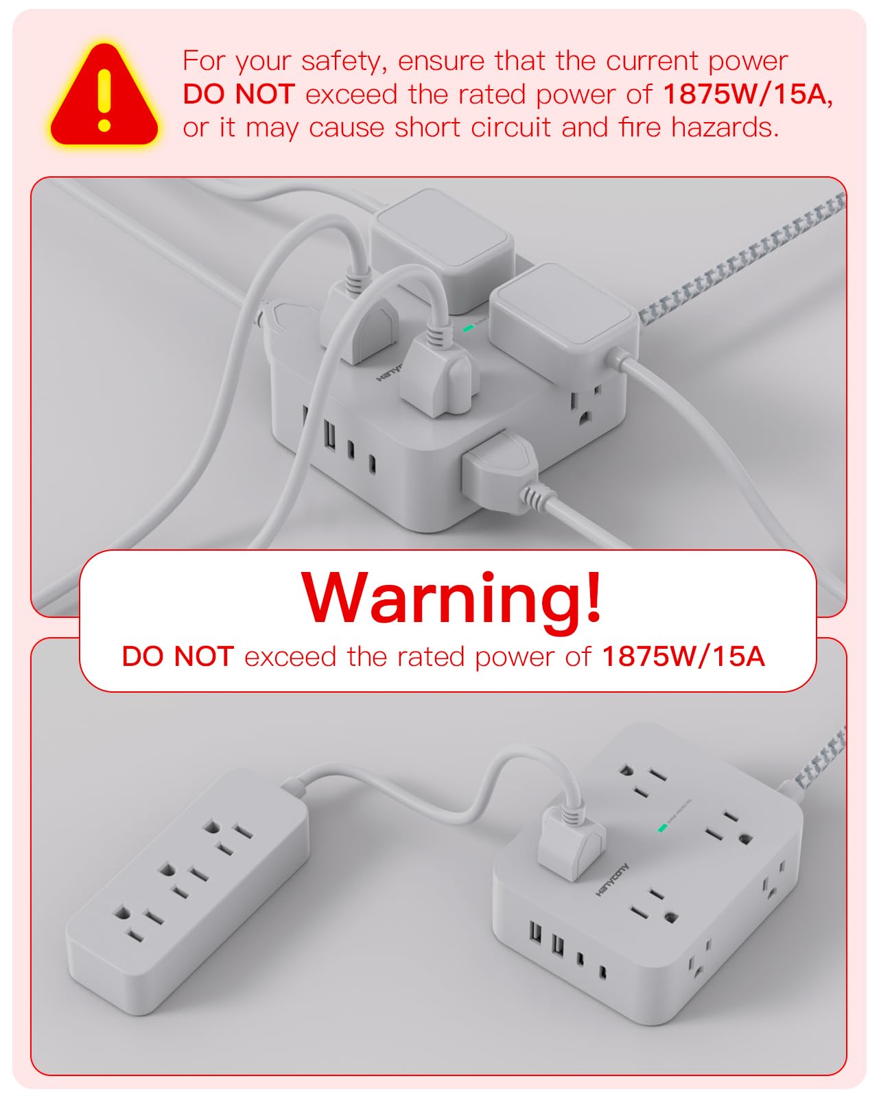 HANYCONY - Tira de alimentación con protector de sobretensiones – HANYCONY 8 tomas, 4 puertos de carga USB (2 USB C), extensor de salida múltiple, cable de extensión trenzado de 5 pies