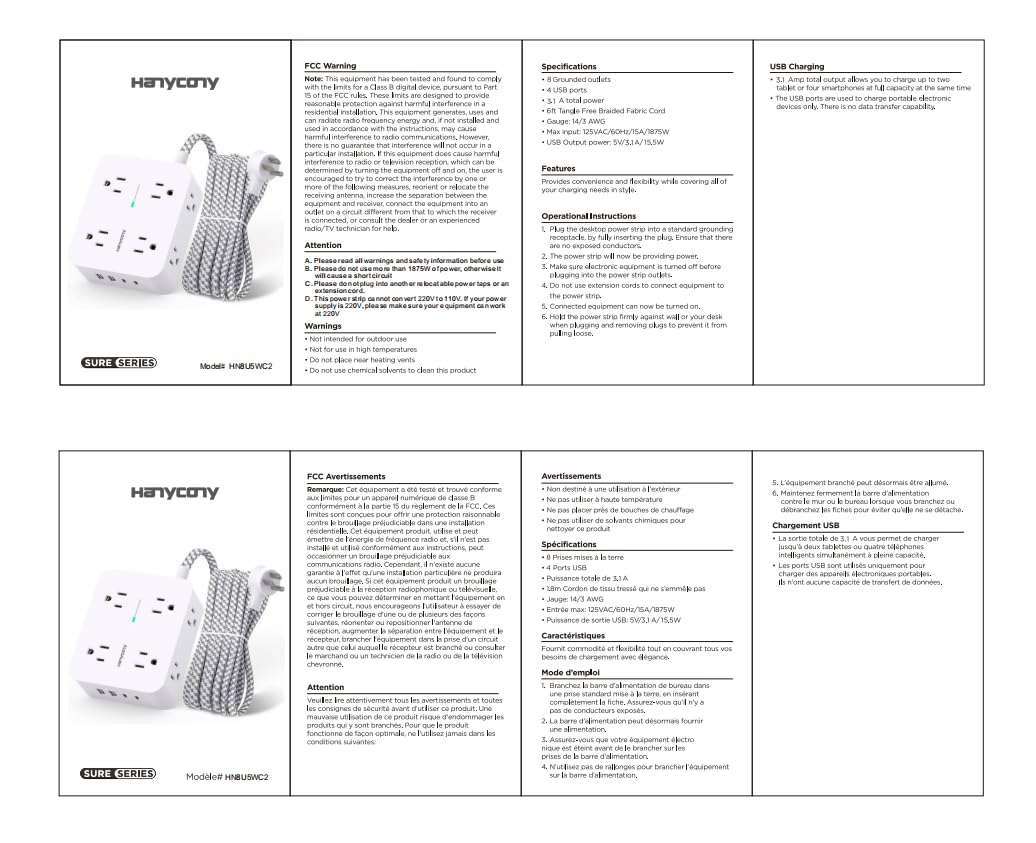 HANYCONY - Tira de alimentación con protector de sobretensiones – HANYCONY 8 tomas, 4 puertos de carga USB (2 USB C), extensor de salida múltiple, cable de extensión trenzado de 5 pies