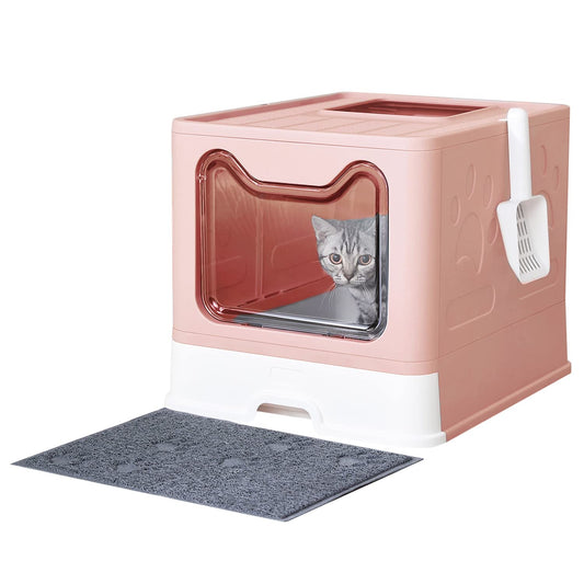 Medario Cat Litter Box with Litter Mat and Scoop, Large Foldable Litter Box with Lid, Front Entry Top Exit Kitty Box, Odor Control, Easy to Clean (Pink)