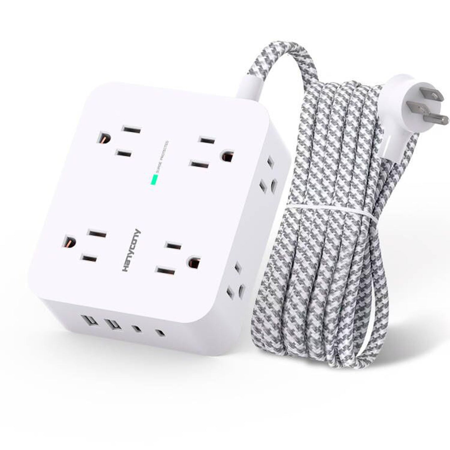 HANYCONY - Tira de alimentación con protector de sobretensiones – HANYCONY 8 tomas, 4 puertos de carga USB (2 USB C), extensor de salida múltiple, cable de extensión trenzado de 5 pies