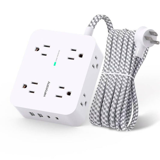 HANYCONY - Tira de alimentación con protector de sobretensiones – HANYCONY 8 tomas, 4 puertos de carga USB (2 USB C), extensor de salida múltiple, cable de extensión trenzado de 5 pies