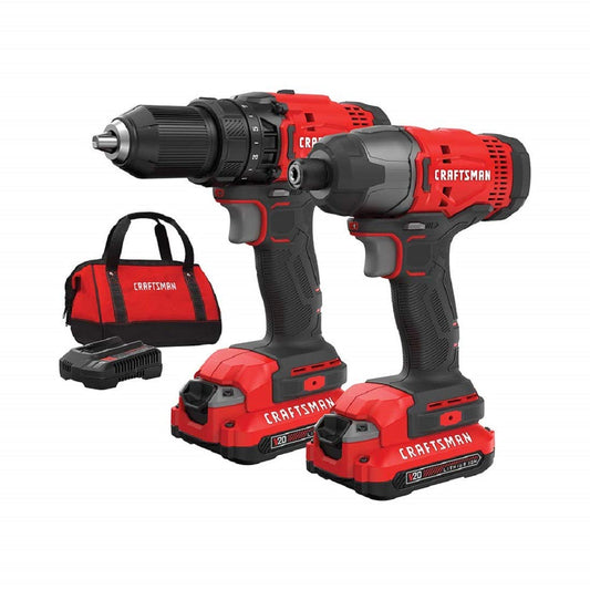 Taladro inalámbrico y atornillador de impacto CRAFTSMAN V20 MAX, kit combinado de herramientas eléctricas con 2 baterías y cargador
