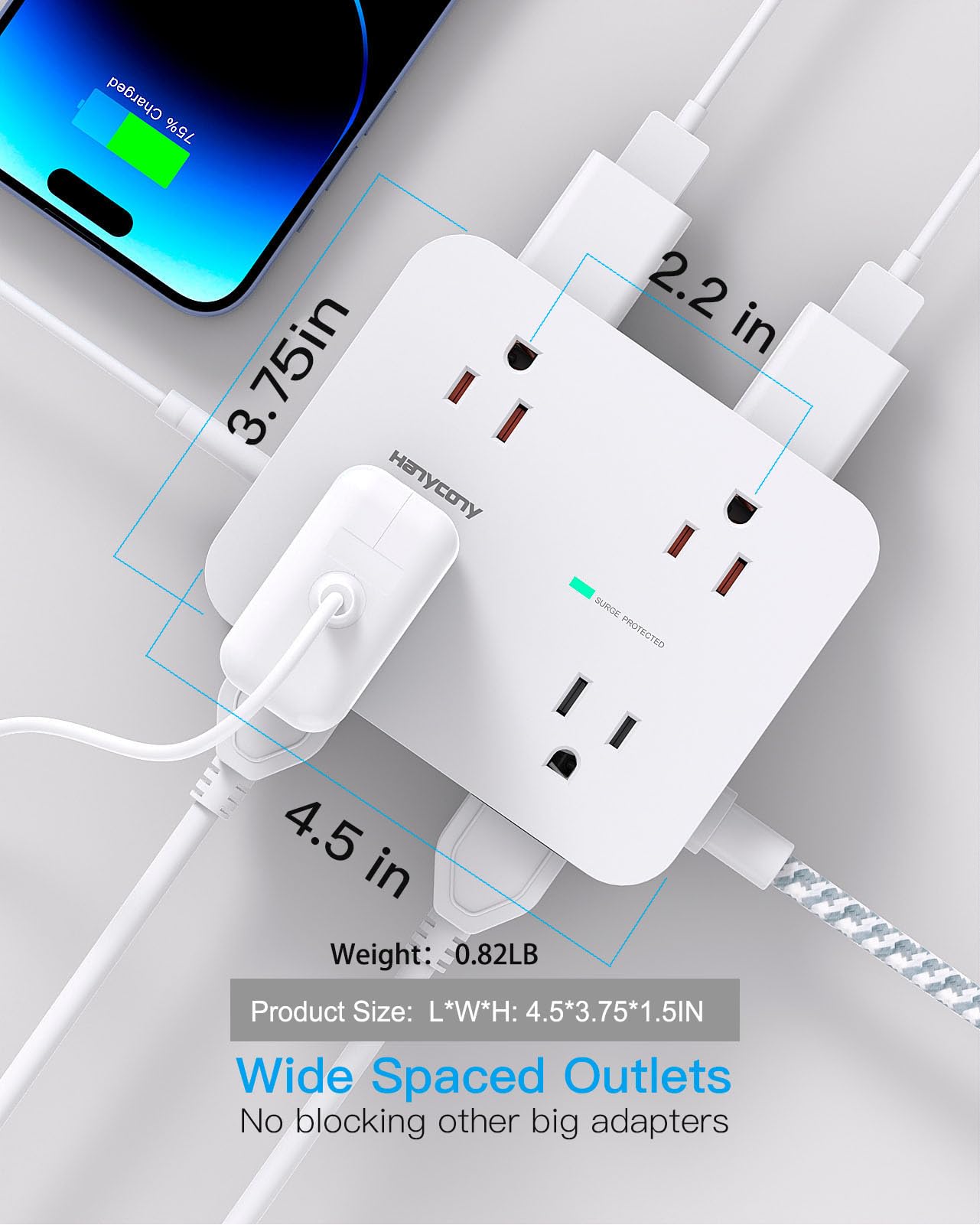 HANYCONY - Tira de alimentación con protector de sobretensiones – HANYCONY 8 tomas, 4 puertos de carga USB (2 USB C), extensor de salida múltiple, cable de extensión trenzado de 5 pies