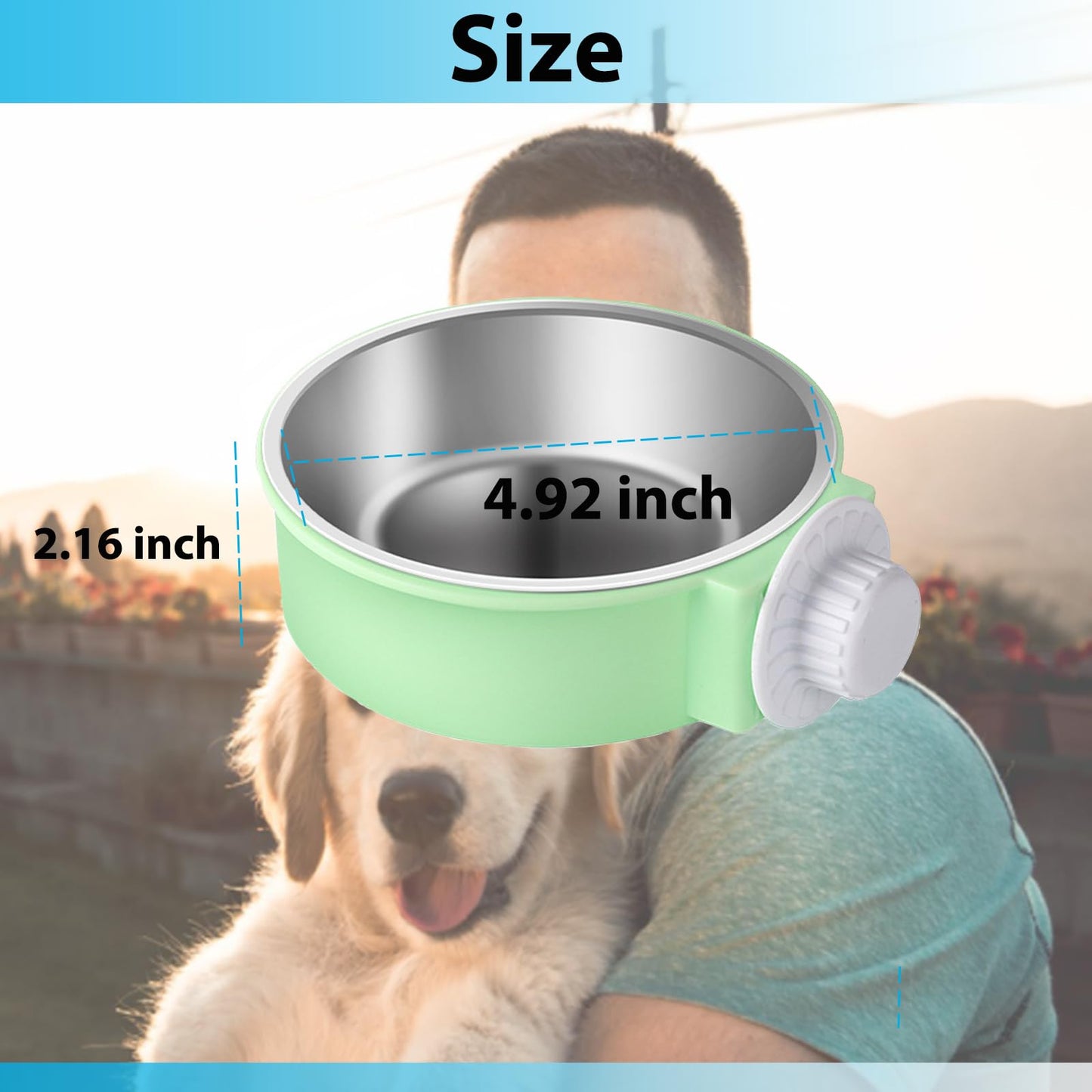 Mechpia 2 Pieces Crate Dog Bowl, Removable Stainless Steel Pet Kennel Hanging Food Water Feeder Bowl Cage Coop Cup for Puppy Medium Dog Cat Rabbit Ferret Bird (Blue,Green)