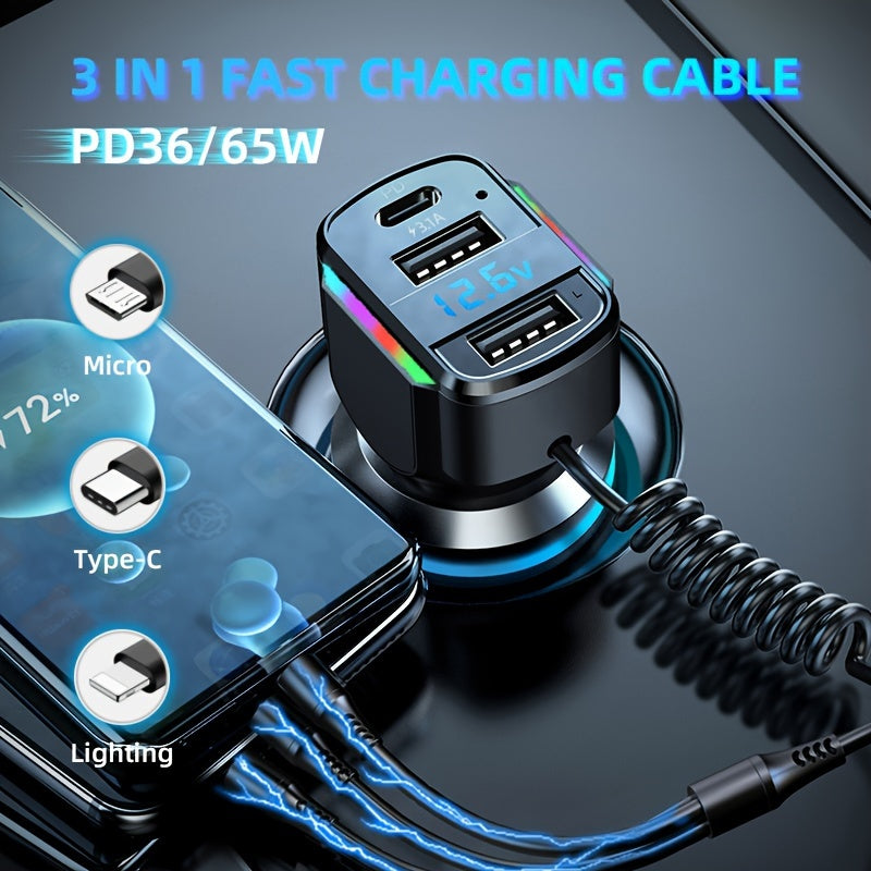 65W 3-port USB PD Fast Car Charger (K4) QC3.1 Type C 3-in-1 Car Charger 2 USB Charging Ports + 1 Type C Fast Charging Micro Usb Type C