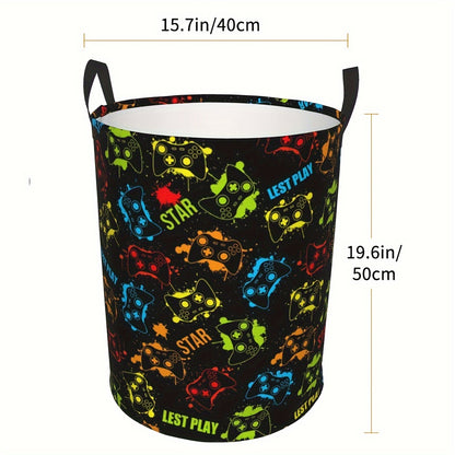 Gamer Laundry Basket with Handles - Casual Polyester Round Gamepad Storage Hamper for Bedroom, Gaming Room Decor, Dirty Clothes Organizer